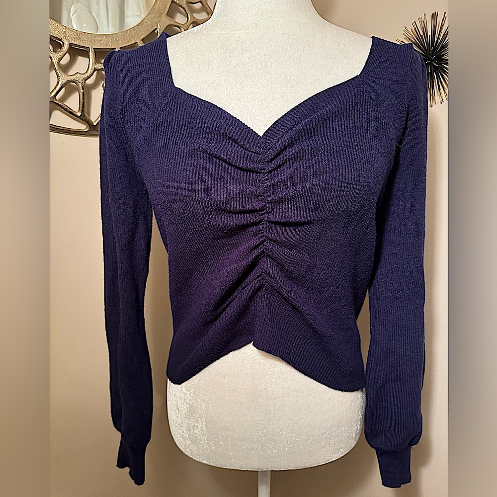 Blue Crop Ruched Ribbed Knit Sweater - Picture 5 of 10